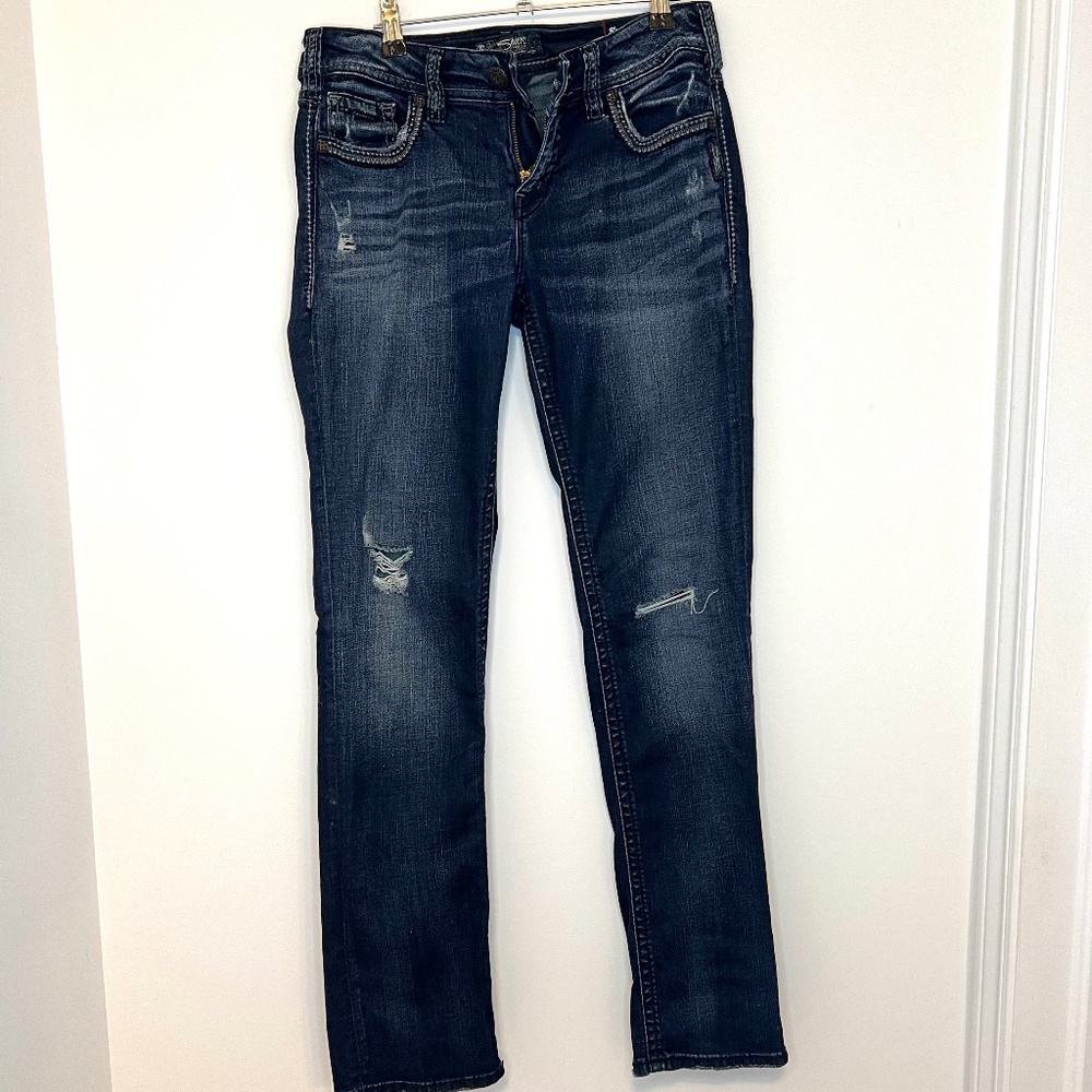 Silver Jeans Women’s Suki Straight Leg Mid Rise Dark Denim 28 X 32 Super Stretch